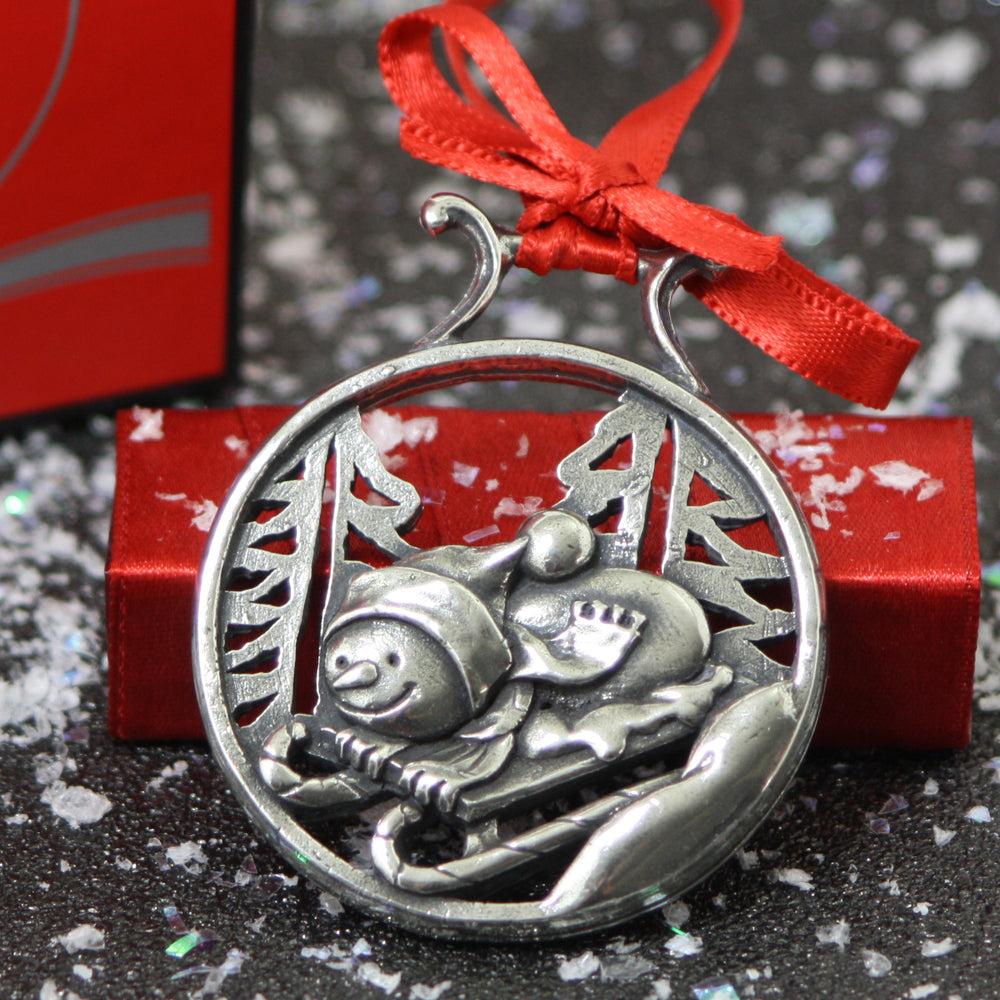 English Factory Snowman Sledging Christmas Tree Pewter Ornament Bauble Decoration
