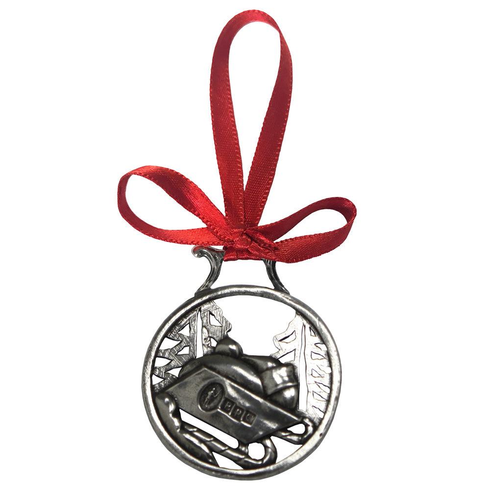 English Factory Snowman Sledging Christmas Tree Pewter Ornament Bauble Decoration