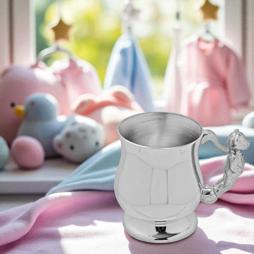 English Factory Teddy Bear Handle Pewter Christening Childs Cup