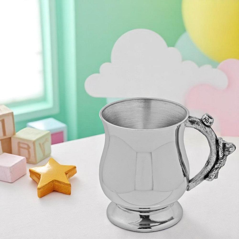 English Factory Teddy Bear Honey Pot Handle Pewter Christening Childs Cup