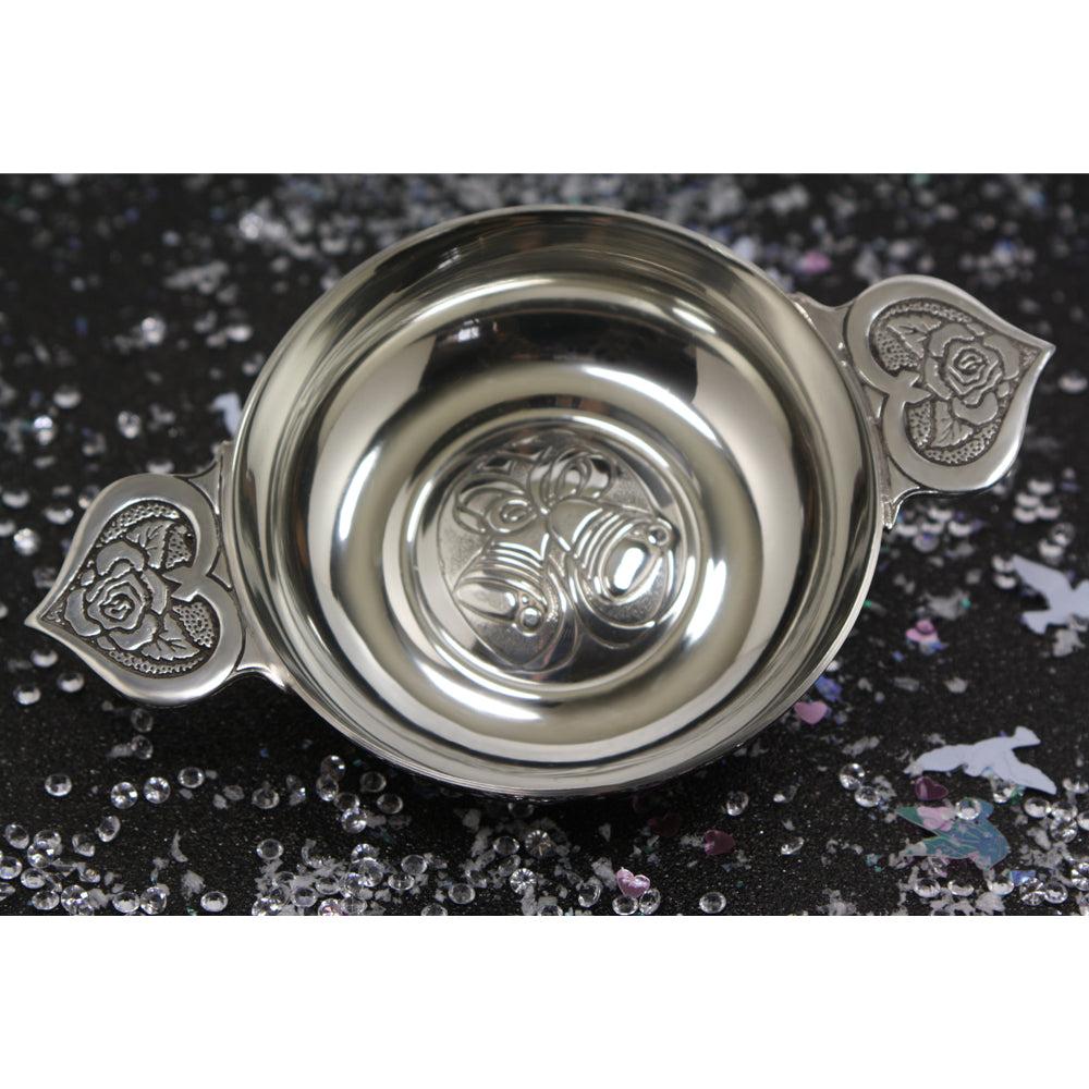 English Factory Wedding Loving Bowl Heart Handle Pewter Quaich Bowl