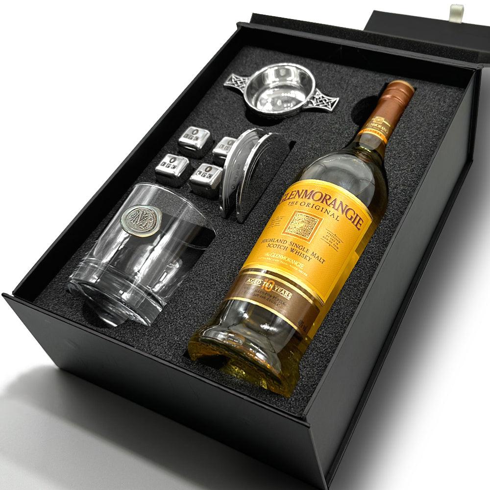 English Factory Whisky Double Set 5- 1x 11oz Monogram Whisky Glass Whisky Stones & 2x Pewter Coasters And Pewter Quaich Bowl