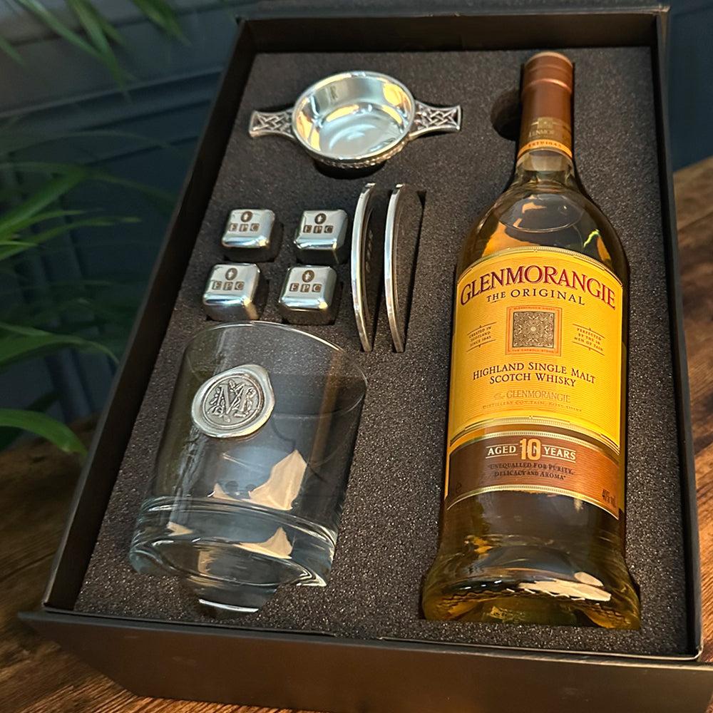English Factory Whisky Double Set 5- 1x 11oz Monogram Whisky Glass Whisky Stones & 2x Pewter Coasters And Pewter Quaich Bowl
