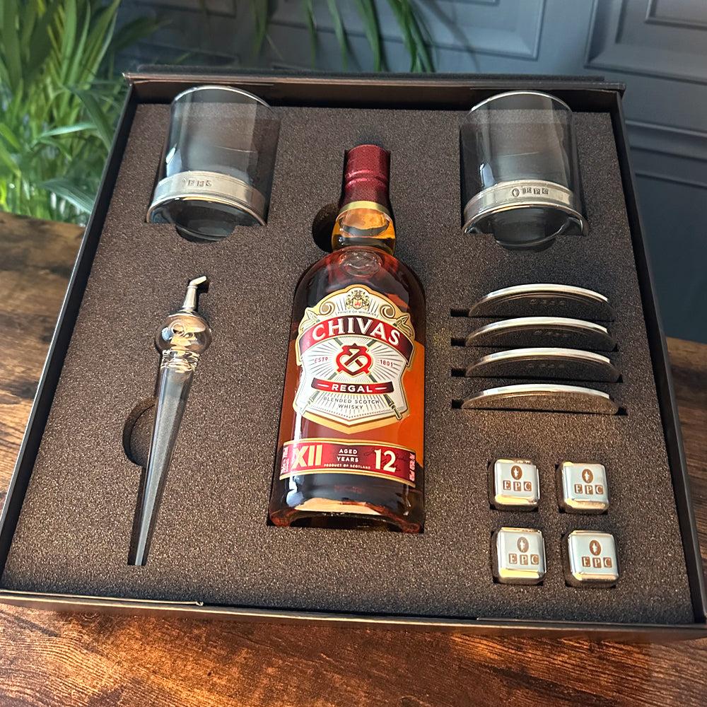 English Factory Whisky Triple Set 2- 2x Vouge Whisky Tumblers Whisky Pipette Whisky Stones 4x Pewter Coasters