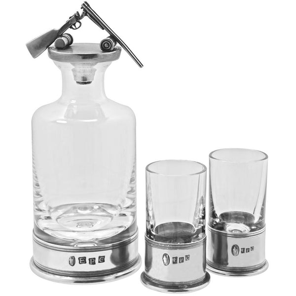 english factory Whisky Wine & Spirit Shotgun Hunting Shooting Pewter & Crystal Mini Decanter Set With Shot Glasses