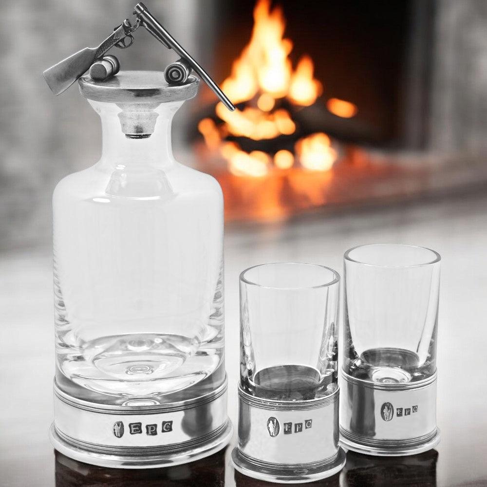 English Factory Whisky Wine & Spirit Shotgun Hunting Shooting Pewter & Crystal Mini Decanter Set With Shot Glasses