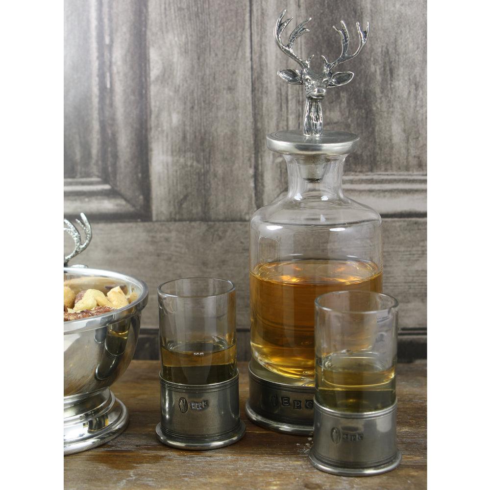 English Factory Whisky Wine & Spirit Stag Head Pewter & Crystal Mini Decanter Set With Shot Glasses