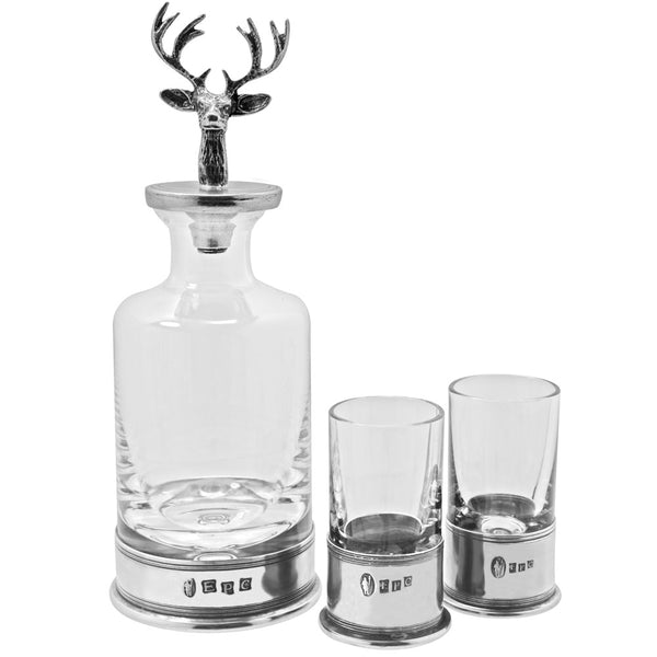 english factory Whisky Wine & Spirit Stag Head Pewter & Crystal Mini Decanter Set With Shot Glasses
