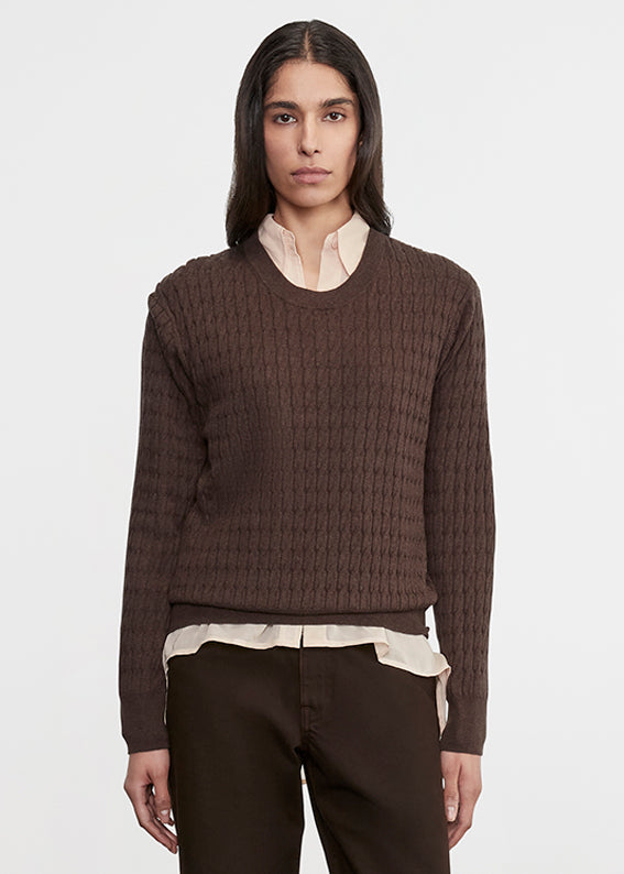 Enza Costa Cashmere Cotton Cable Knit Easy Crew Bitter Chocolate