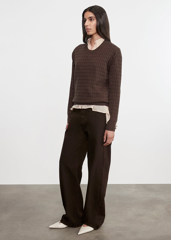 Enza Costa Cashmere Cotton Cable Knit Easy Crew Bitter Chocolate