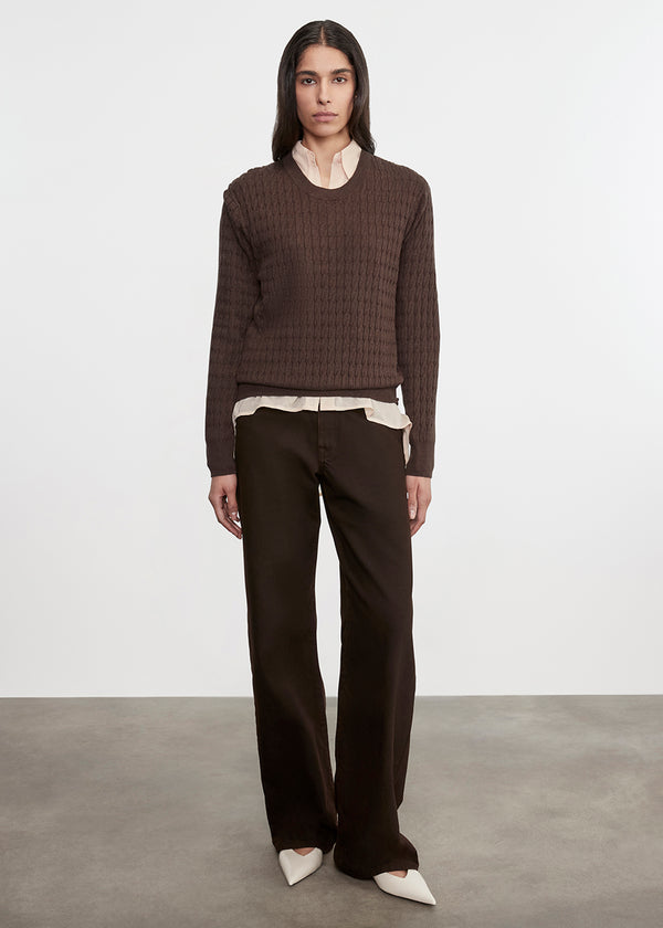 enza costa Cashmere Cotton Cable Knit Easy Crew Bitter Chocolate
