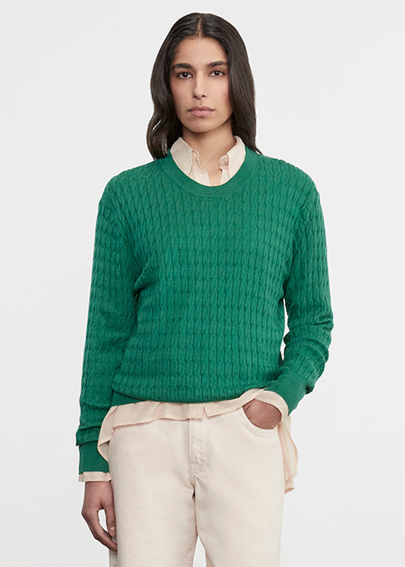Enza Costa Cashmere Cotton Cable Knit Easy Crew Emerald
