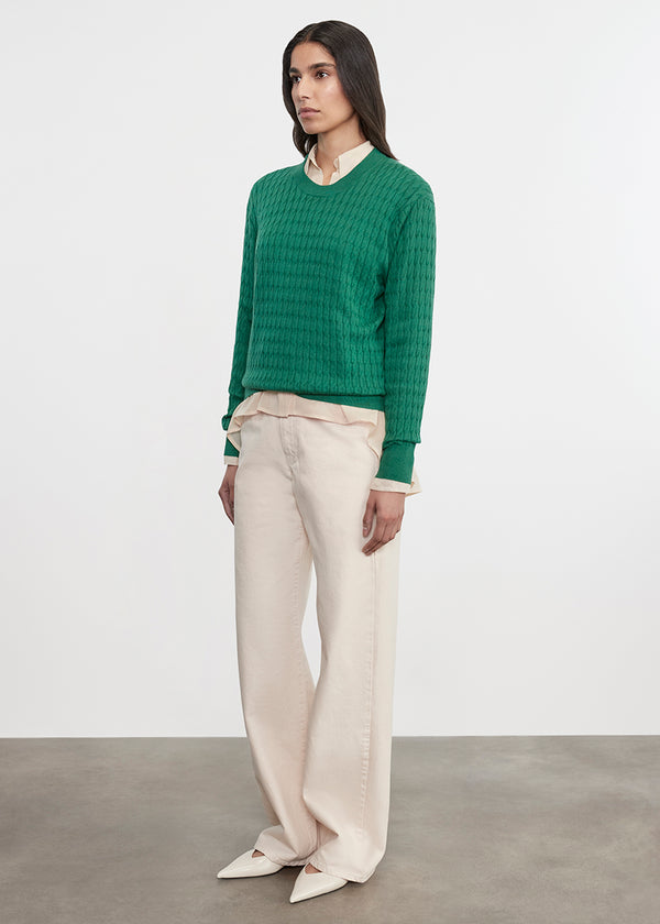 Enza Costa Cashmere Cotton Cable Knit Easy Crew Emerald