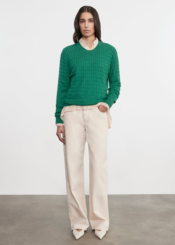 enza costa Cashmere Cotton Cable Knit Easy Crew Emerald