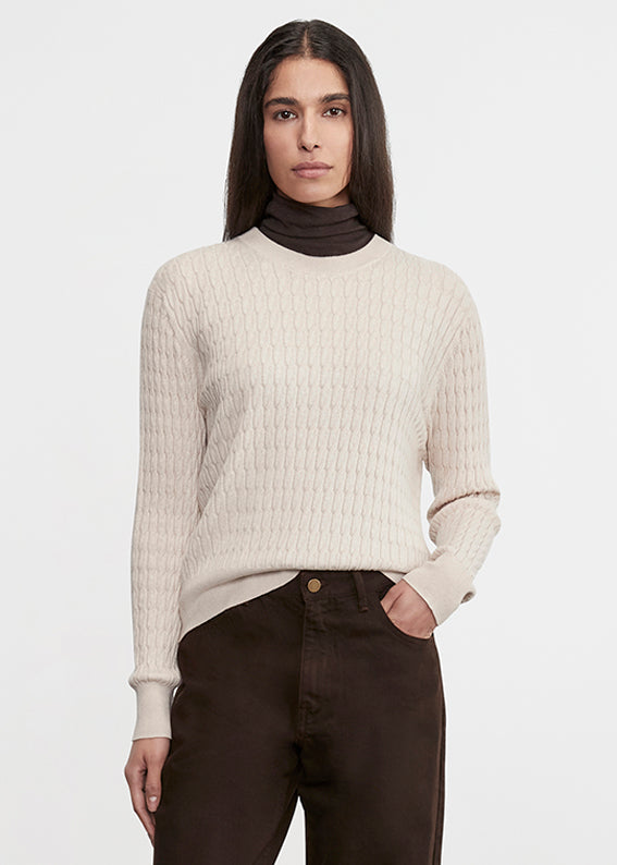 Enza Costa Cashmere Cotton Cable Knit Easy Crew Parchment