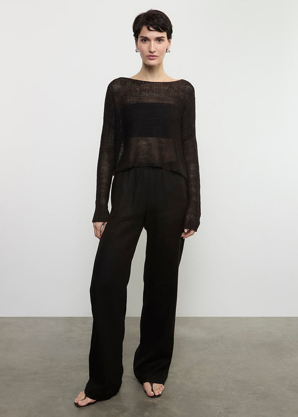 Enza Costa Linen Open Knit Bateau Sweater Black