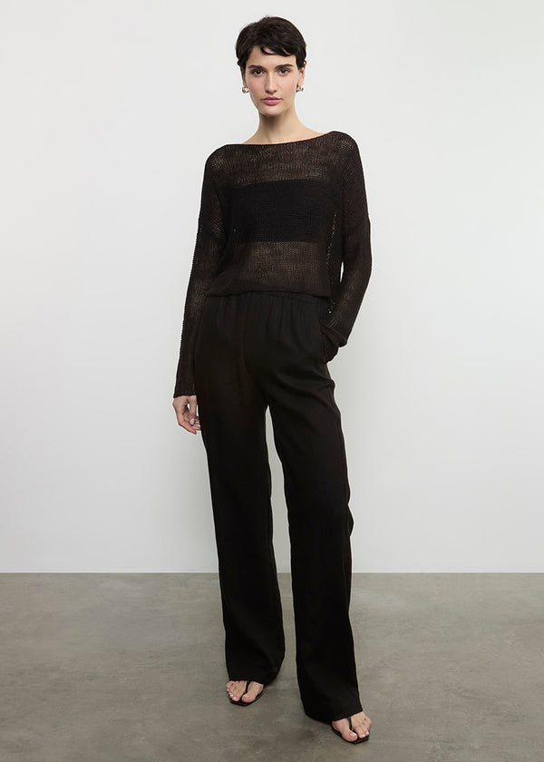 Enza Costa Linen Open Knit Bateau Sweater Black