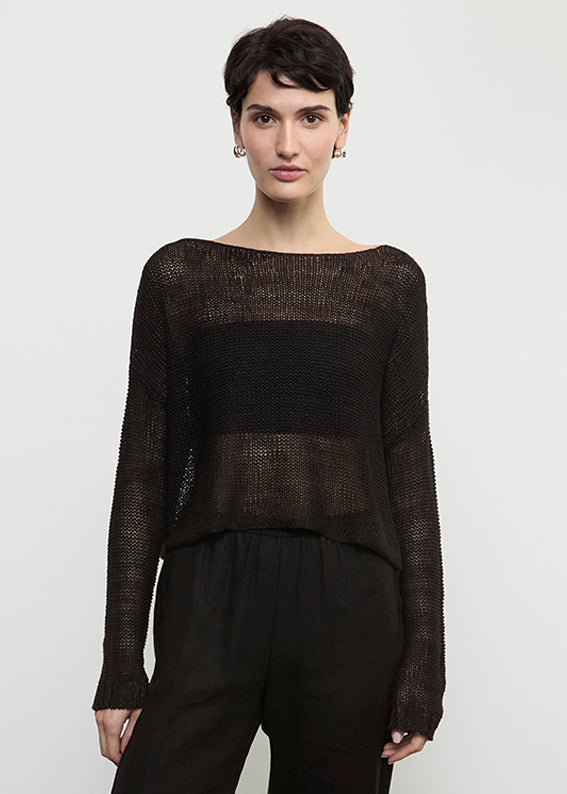 enza costa Linen Open Knit Bateau Sweater Black
