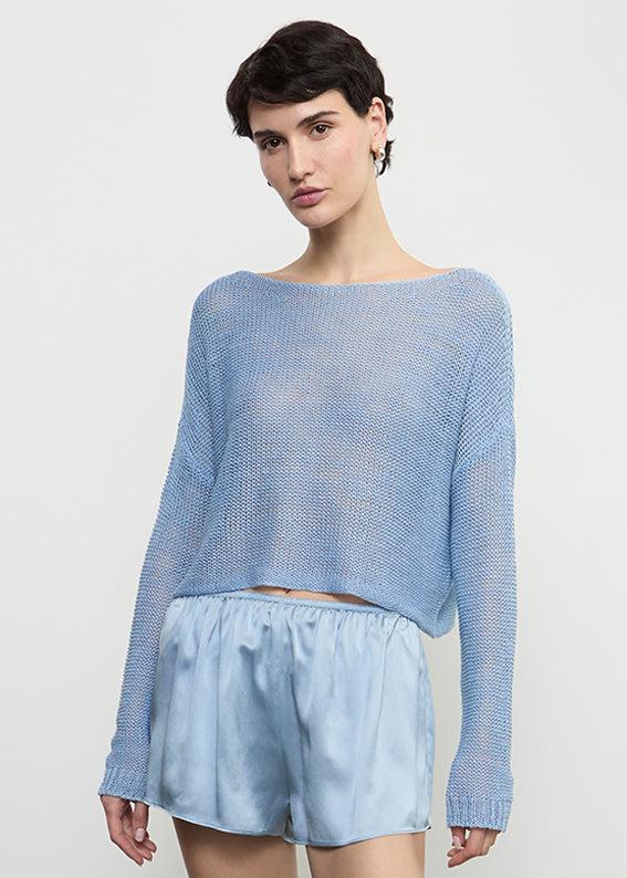 Enza Costa Linen Open Knit Bateau Sweater Sky