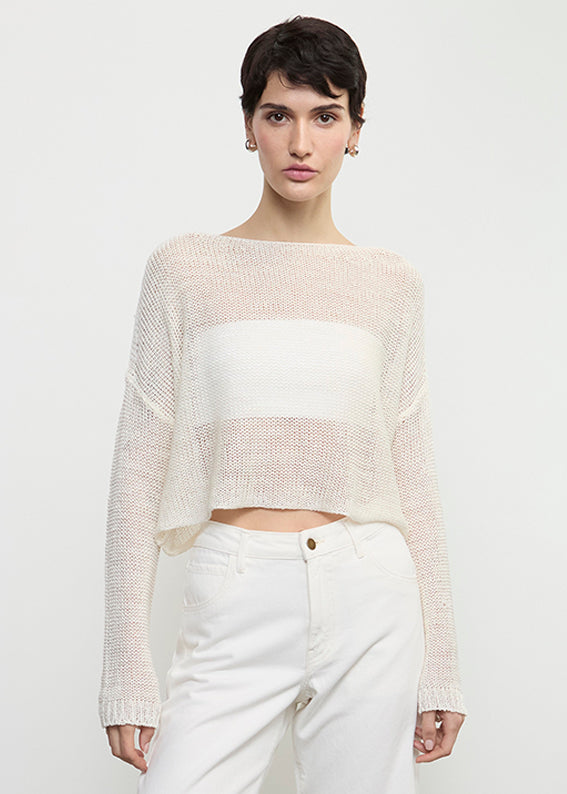 Enza Costa Linen Open Knit Bateau Sweater White