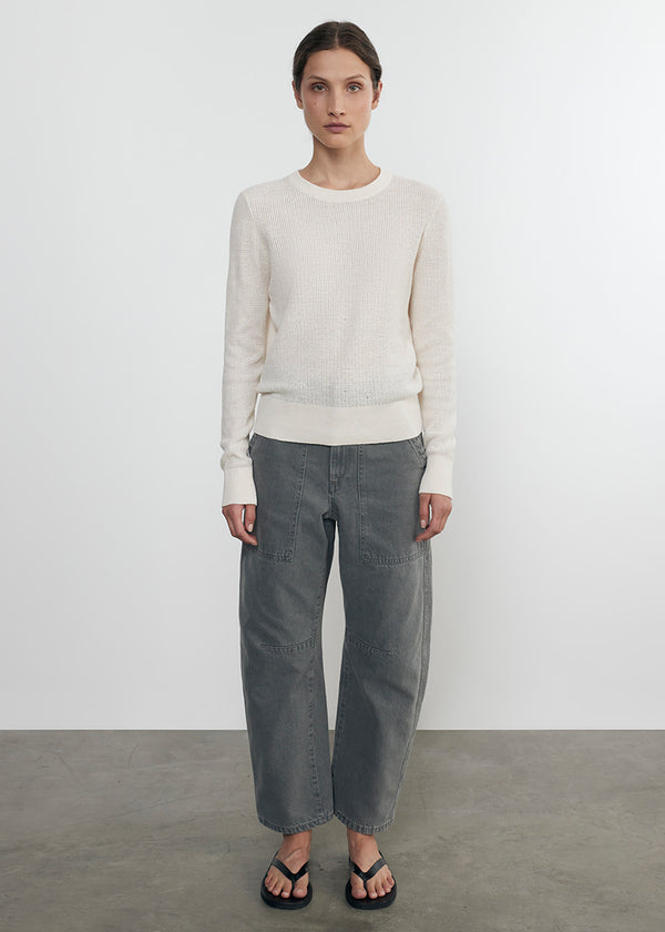 Enza Costa Linen Open Knit Crewneck Cream