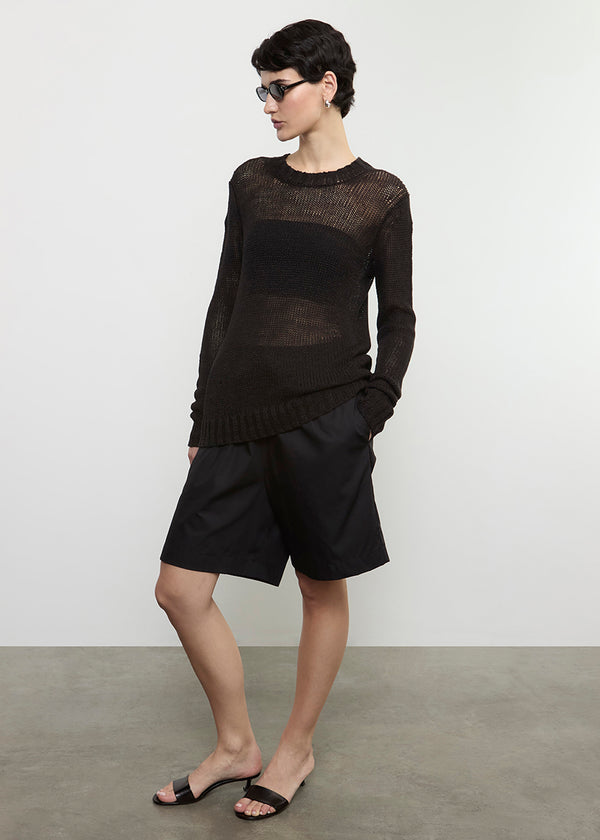 Enza Costa Linen Open Knit L/S Crew Black