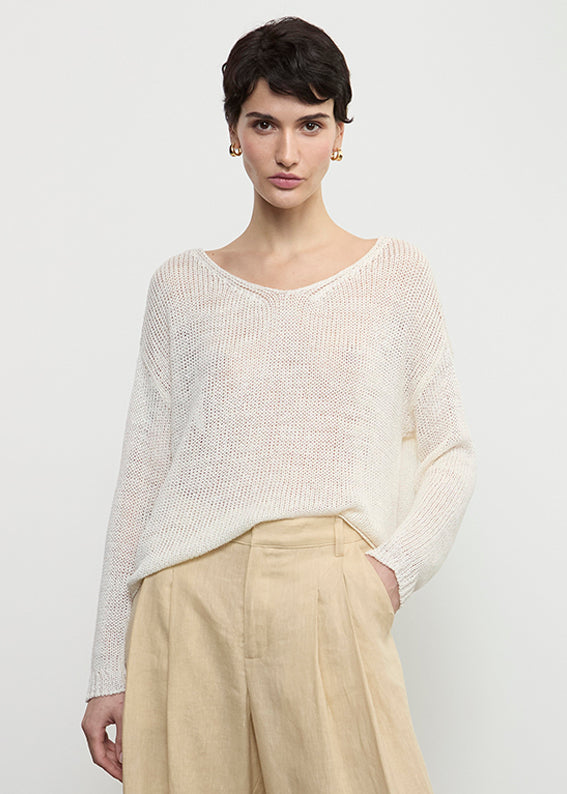 Enza Costa Linen Open Knit Soft V-Neck White