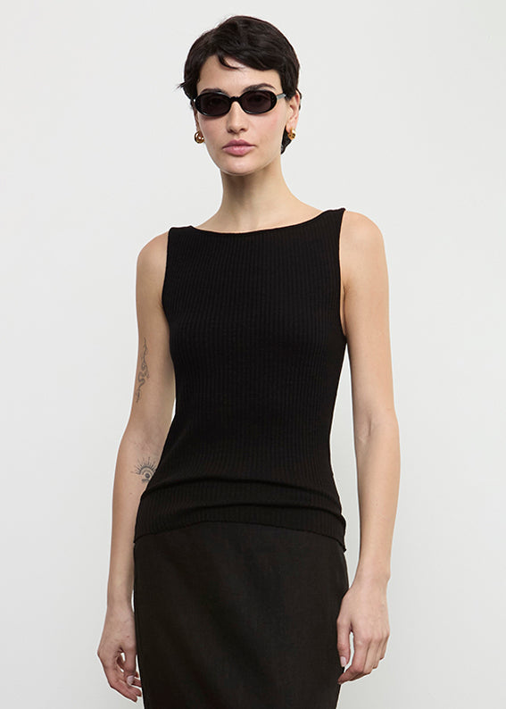 Enza Costa Military Rib Boatneck Tank Black