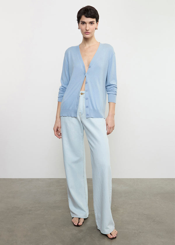 enza costa Silk Knit V-Neck Cardigan Sky