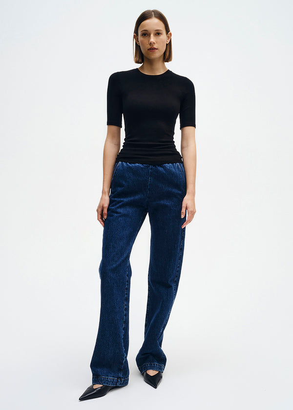 Enza Costa Silk Rib Fitted Half Sleeve Crew Black