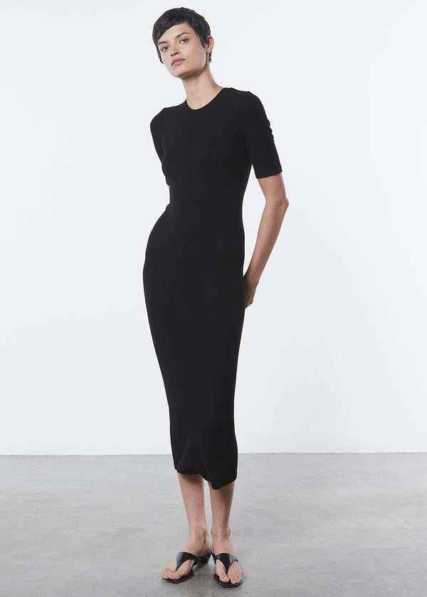 Enza Costa Silk Rib Half Sleeve Midi Dress Black