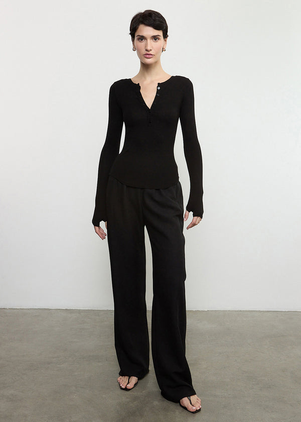 Enza Costa Silk Rib L/S Baseball Henley Black