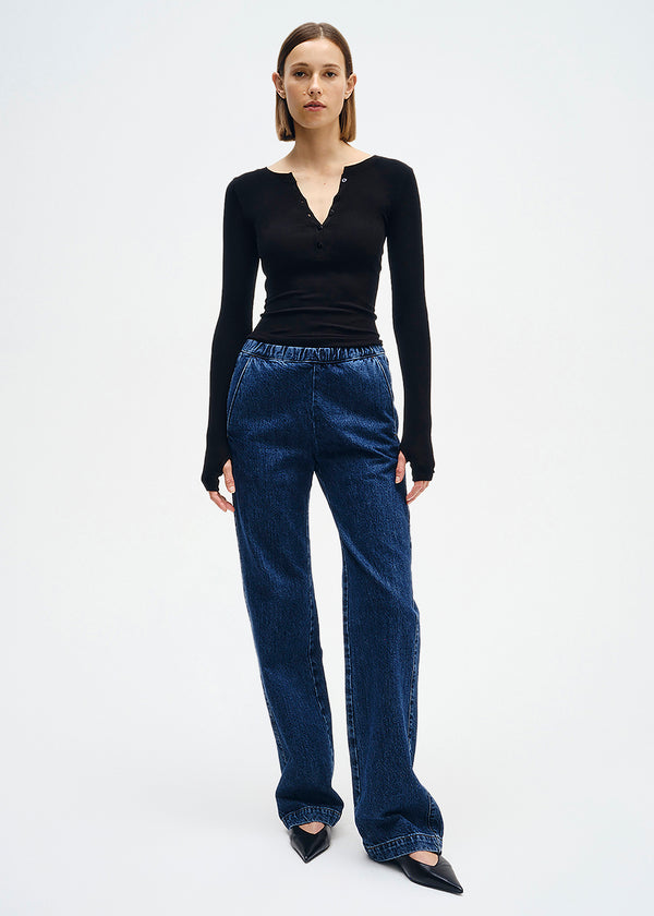 Enza Costa Silk Rib L/S Baseball Henley Black