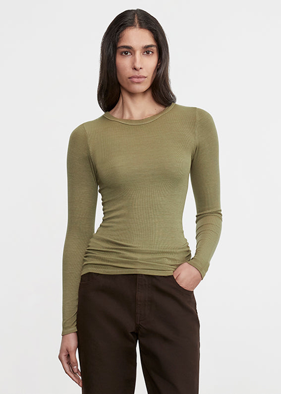 Enza Costa Silk Rib L/S Crew Olive Stone