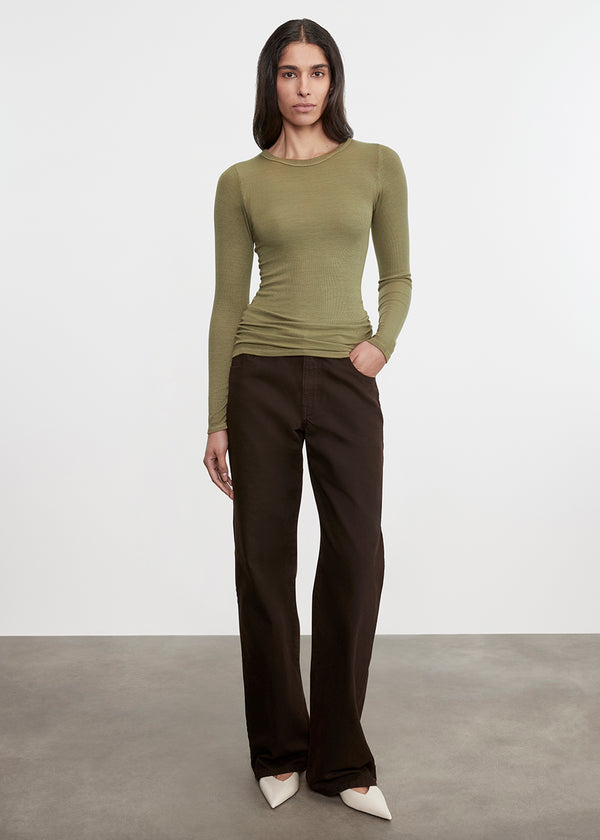 Enza Costa Silk Rib L/S Crew Olive Stone