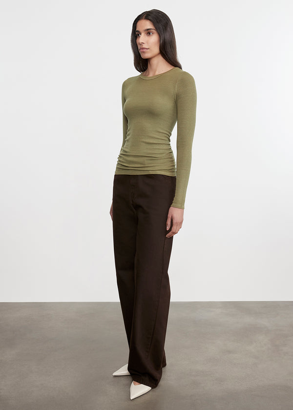 Enza Costa Silk Rib L/S Crew Olive Stone