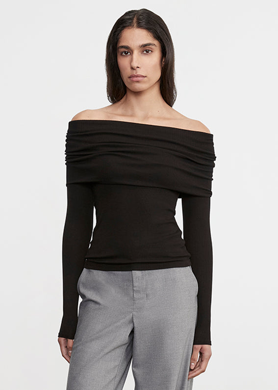 Enza Costa Silk Rib L/S Off-Shoulder Top Black