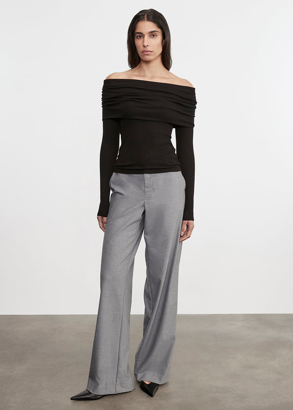 Enza Costa Silk Rib L/S Off-Shoulder Top Black
