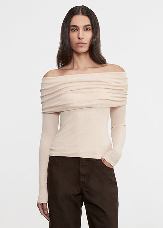 Enza Costa Silk Rib L/S Off-Shoulder Top Fawn