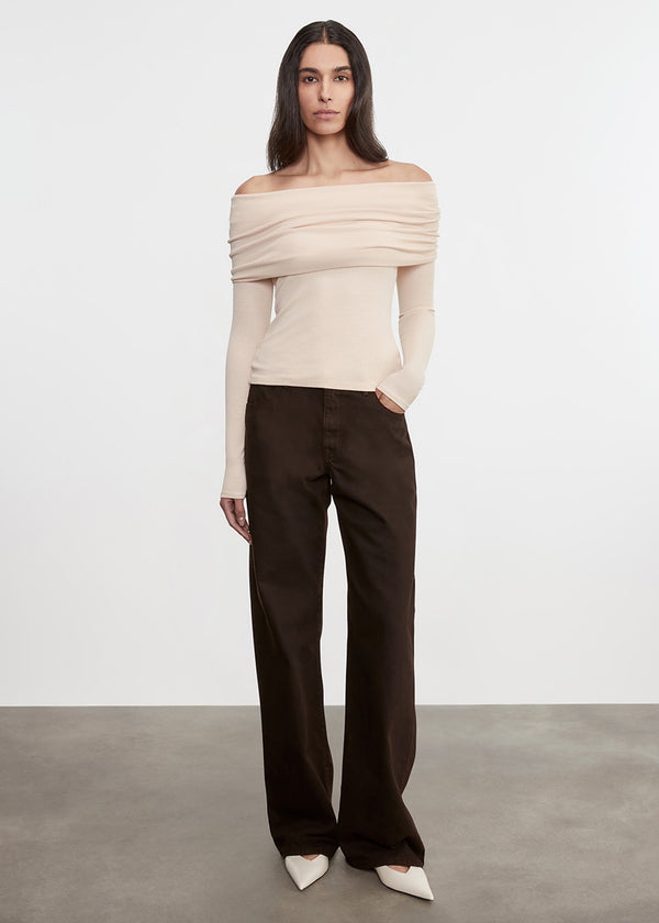 Enza Costa Silk Rib L/S Off-Shoulder Top Fawn