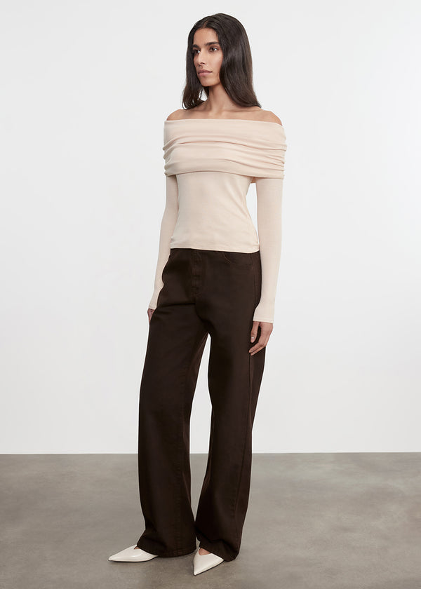 Enza Costa Silk Rib L/S Off-Shoulder Top Fawn