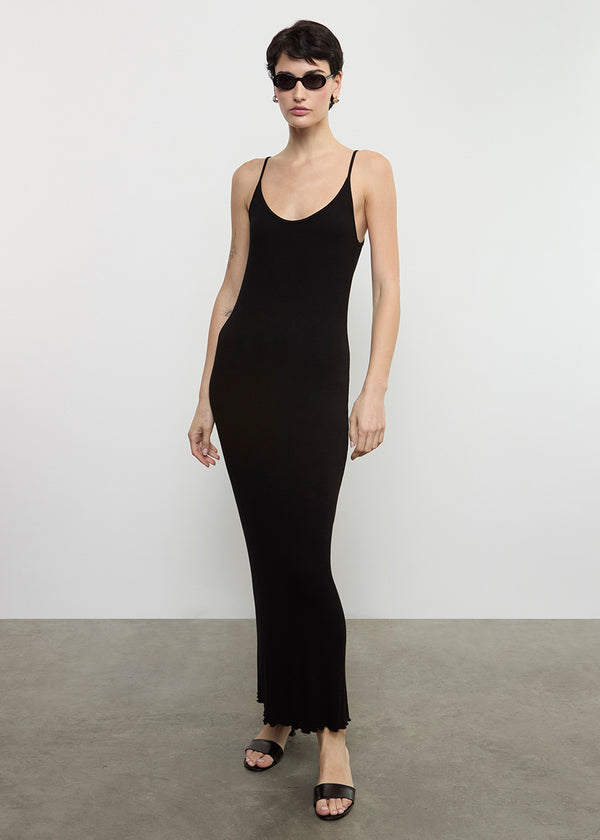 enza costa Silk Rib Lettuce Edge Dress Black