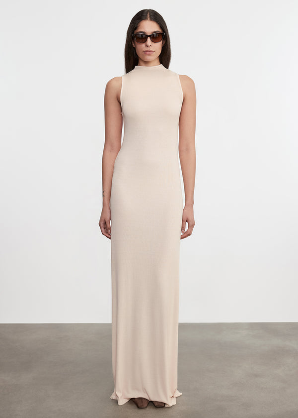 Enza Costa Silk Rib Mockneck Fluid Dress Fawn