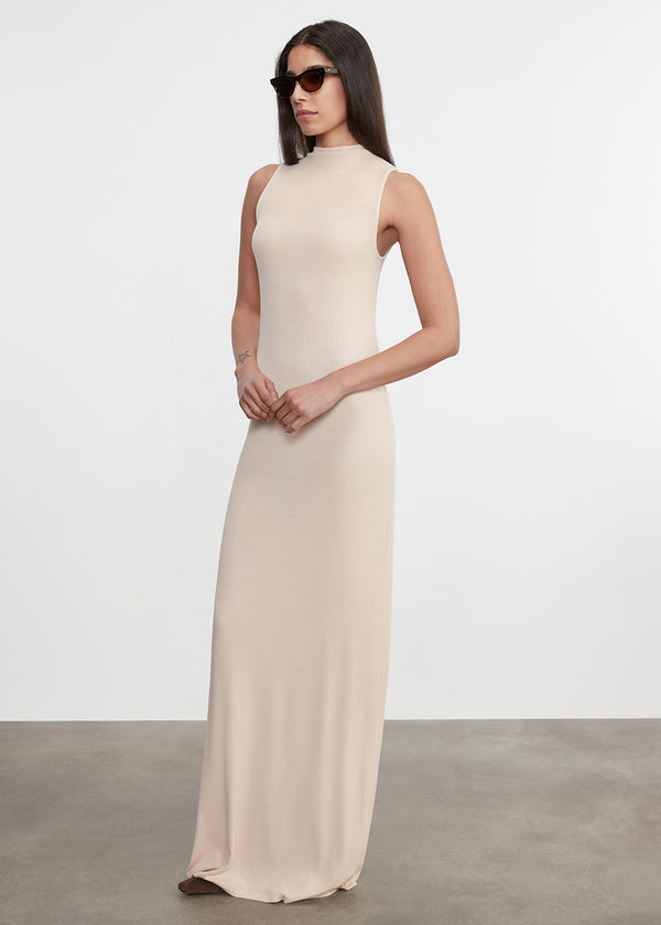Enza Costa Silk Rib Mockneck Fluid Dress Fawn