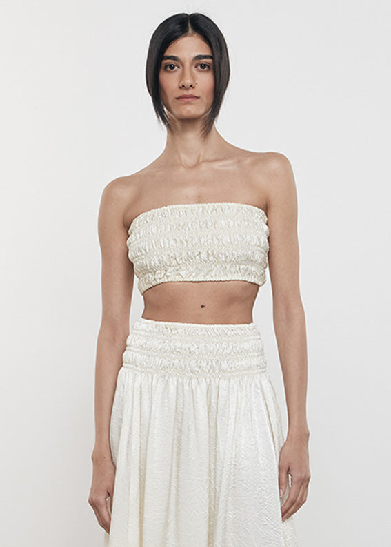 enza costa Textured Satin Smocked Top Macadamia