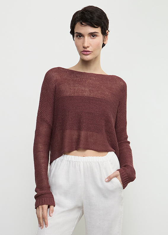 Enza Costa Linen Open Knit Bateau Sweater Dark Cherry