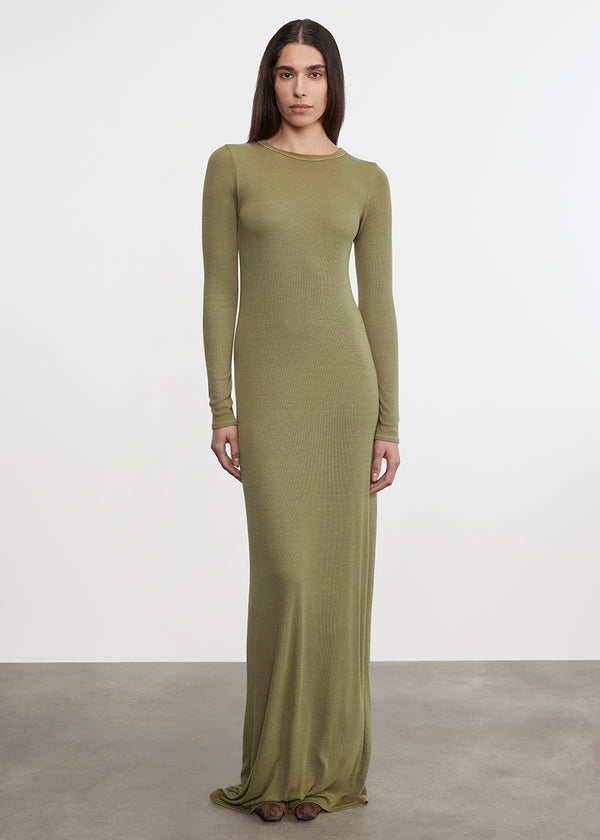 Enza Costa Silk Rib Crewneck Fluid Dress Olive Stone