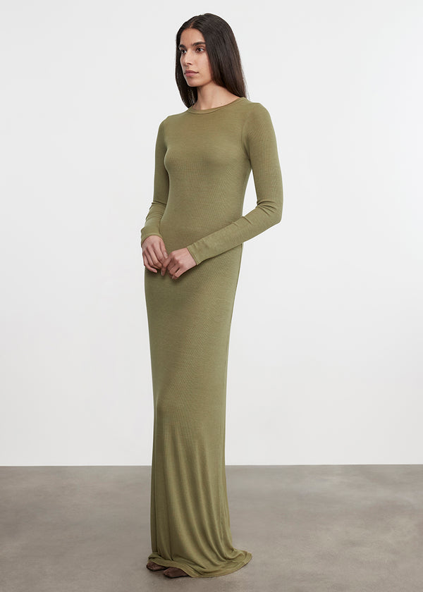 Enza Costa Silk Rib Crewneck Fluid Dress Olive Stone