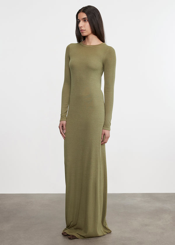 Enza Costa Silk Rib Crewneck Fluid Dress Olive Stone