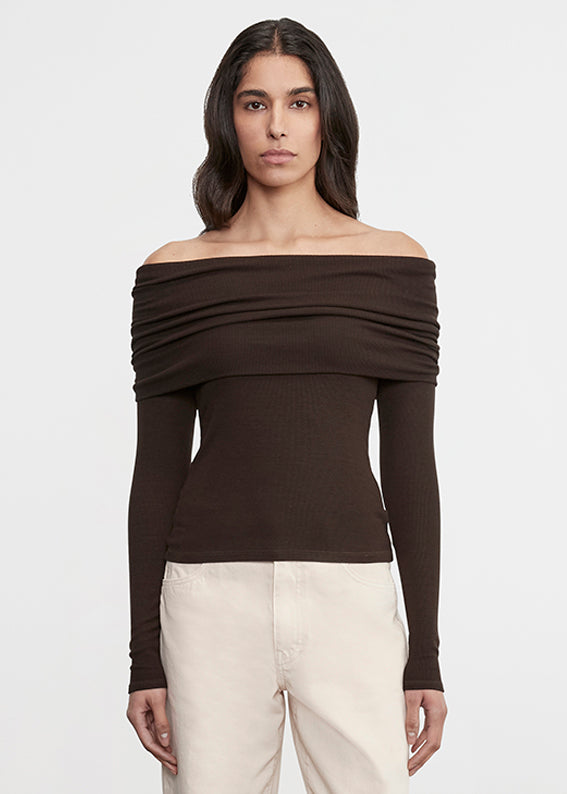 Enza Costa Silk Rib L/S Off-Shoulder Top Coffee Bean